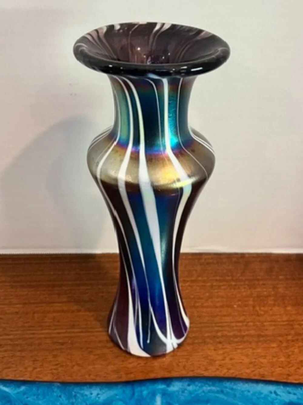 Glass Magic Blue Iridescent Art Glass Pulled Stripe 9.5